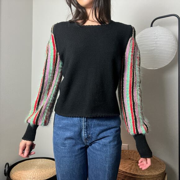 vintage 60s black wool angora striped balloon sleeve knit sweater - Picture 4 of 10